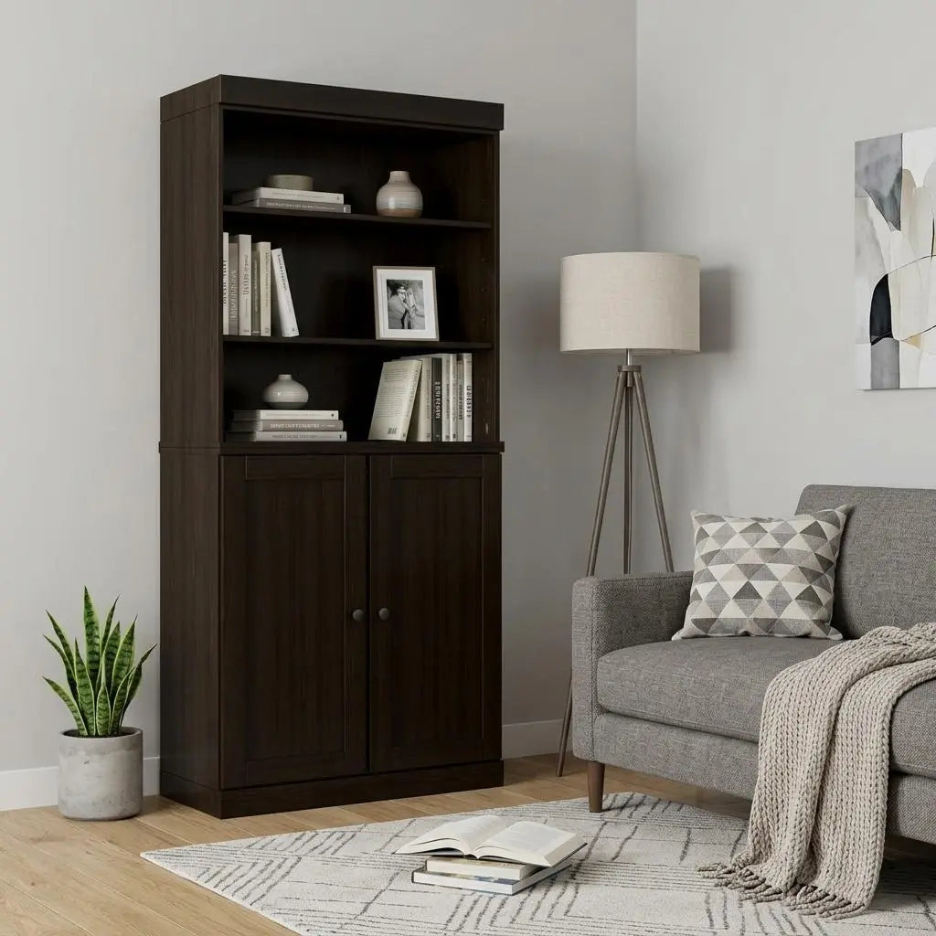 72" Espresso Solid Wood Adjustable Six Tier Library Bookcase with Two Doors Homeroots Office