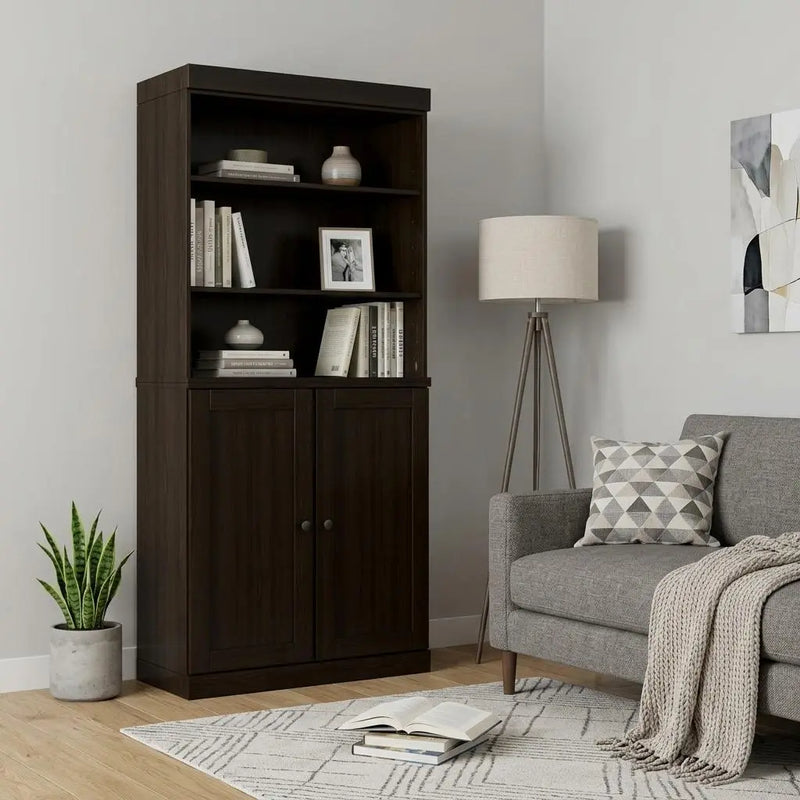 72" Espresso Solid Wood Adjustable Six Tier Library Bookcase with Two Doors Homeroots Office
