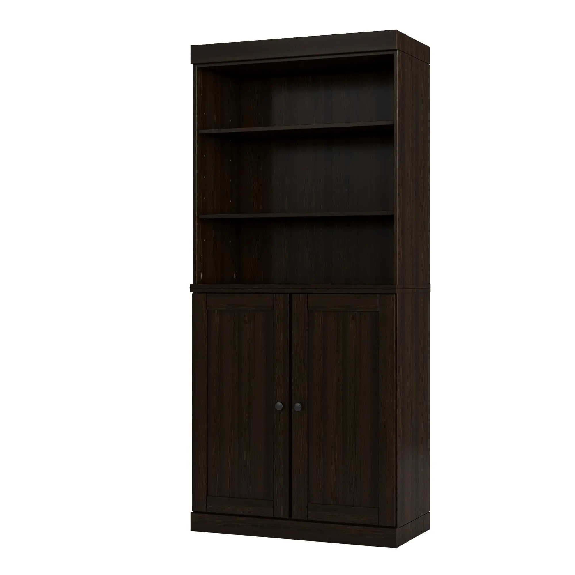72" Espresso Solid Wood Adjustable Six Tier Library Bookcase with Two Doors Homeroots Office