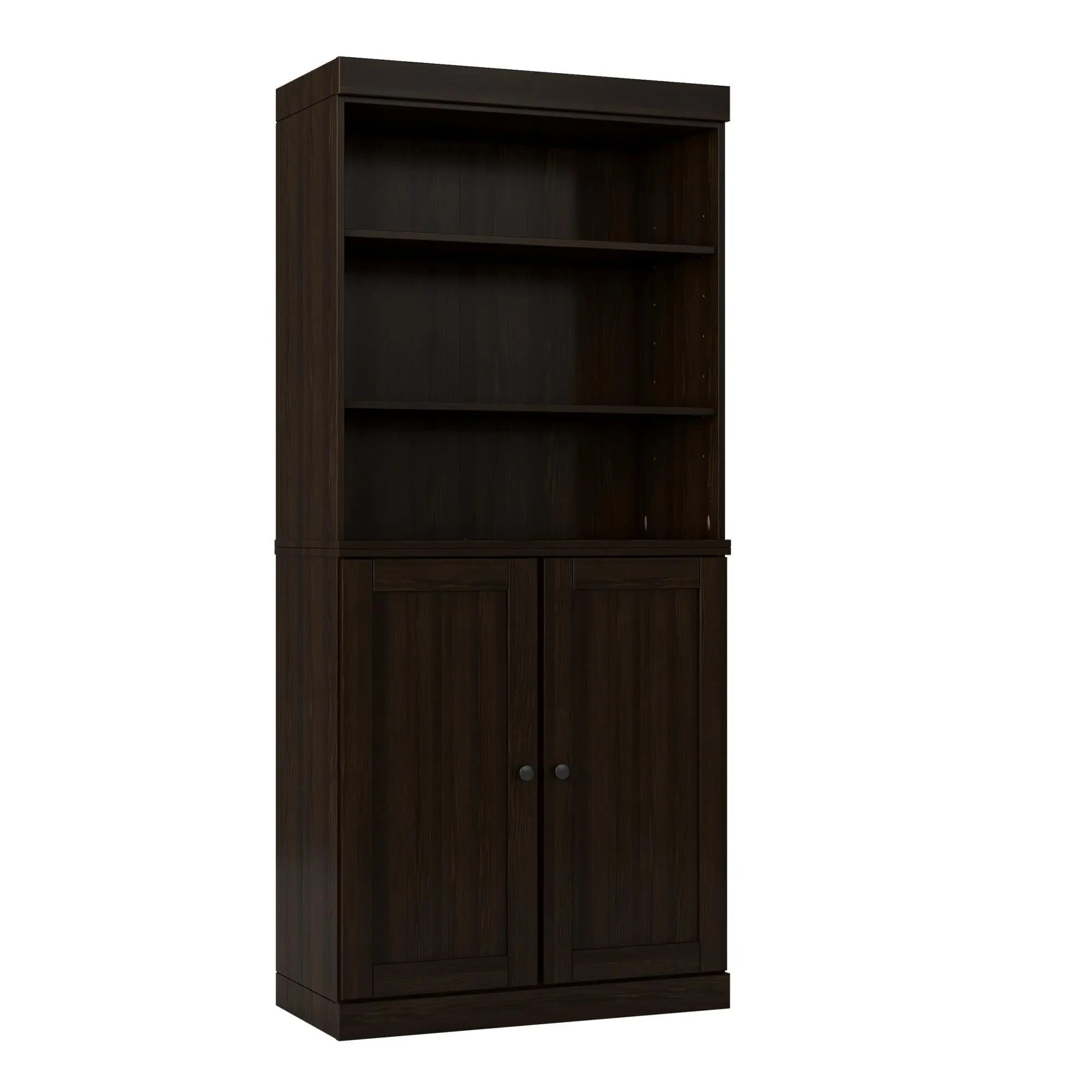 72" Espresso Solid Wood Adjustable Six Tier Library Bookcase with Two Doors Homeroots Office
