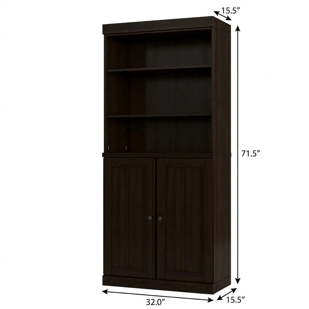 72" Espresso Solid Wood Adjustable Six Tier Library Bookcase with Two Doors Homeroots Office