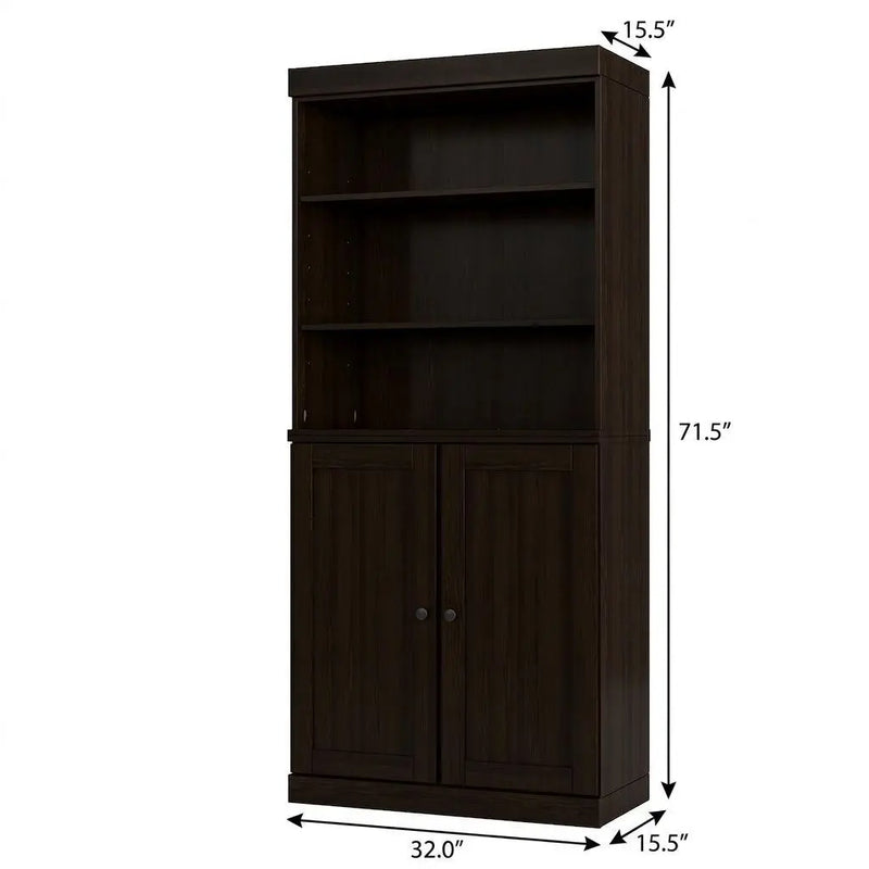 72" Espresso Solid Wood Adjustable Six Tier Library Bookcase with Two Doors Homeroots Office