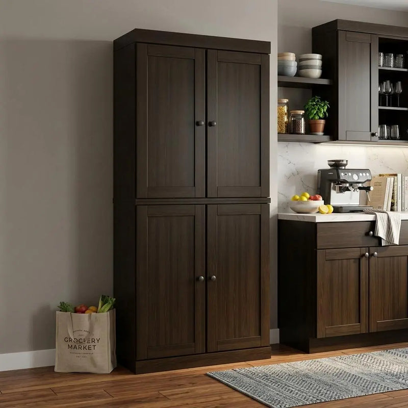 72" Espresso Solid Wood Four Door Pantry Or Storage Closet Homeroots Kitchen & Dining