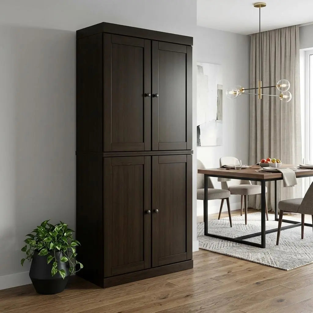 72" Espresso Solid Wood Four Door Pantry Or Storage Closet Homeroots Kitchen & Dining