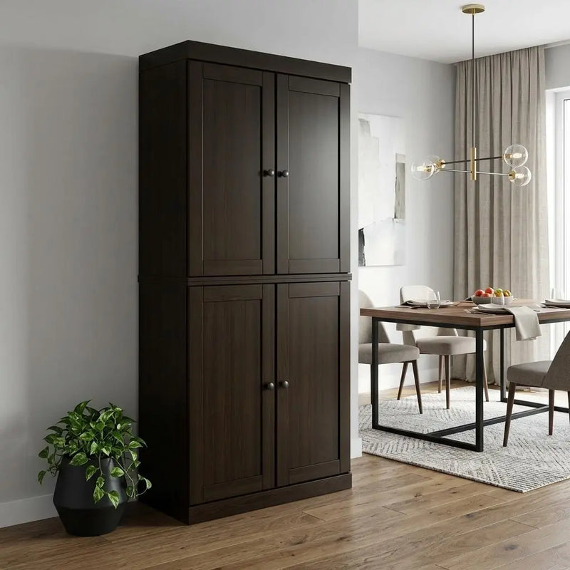 72" Espresso Solid Wood Four Door Pantry Or Storage Closet Homeroots Kitchen & Dining