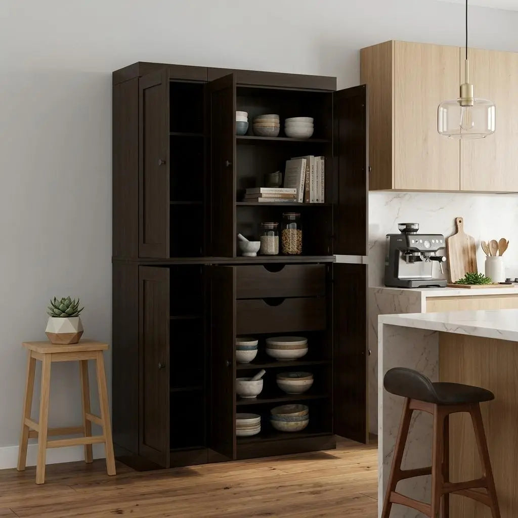 72" Espresso Solid Wood Six Door Two Drawer Pantry Or Storage Closet Homeroots Kitchen & Dining