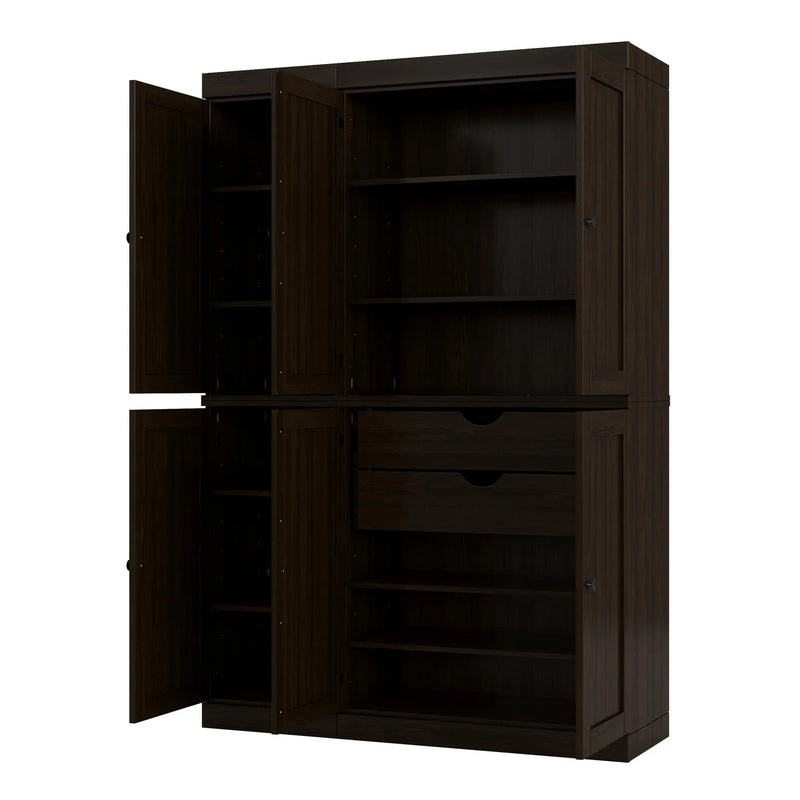 72" Espresso Solid Wood Six Door Two Drawer Pantry Or Storage Closet Homeroots Kitchen & Dining