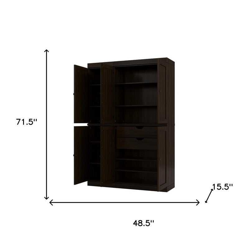 72" Espresso Solid Wood Six Door Two Drawer Pantry Or Storage Closet Homeroots Kitchen & Dining