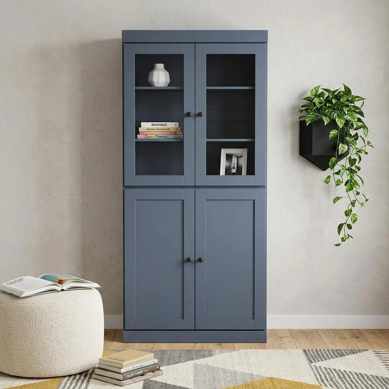 72" French Blue Solid Wood Adjustable Six Tier Library Bookcase with Four Doors Homeroots Office
