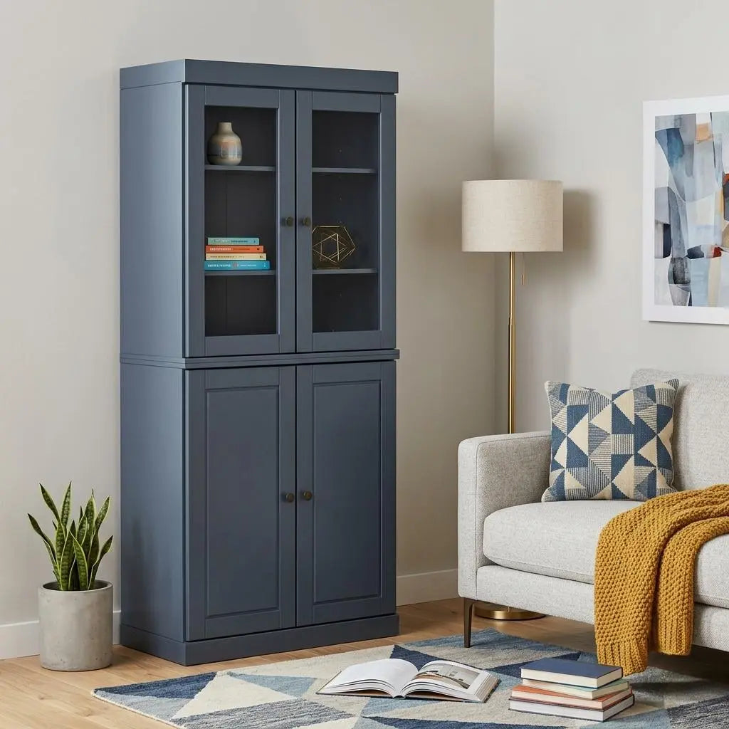 72" French Blue Solid Wood Adjustable Six Tier Library Bookcase with Four Doors Homeroots Office