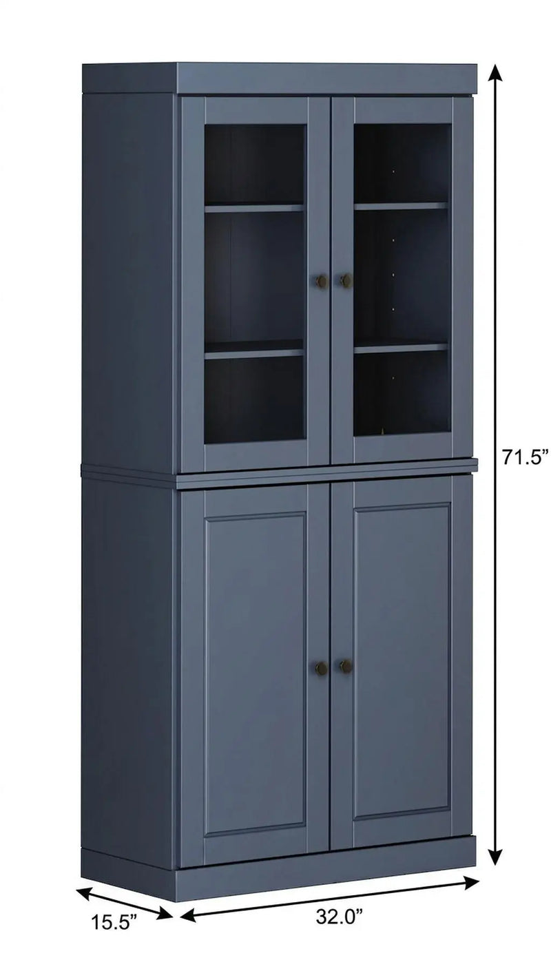 72" French Blue Solid Wood Adjustable Six Tier Library Bookcase with Four Doors Homeroots Office