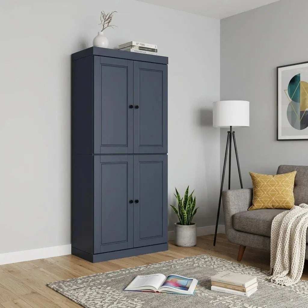 72" French Blue Solid Wood Adjustable Six Tier Library Bookcase with Four Doors Homeroots Office