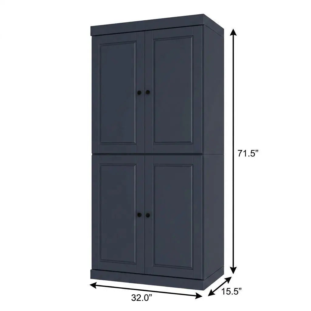 72" French Blue Solid Wood Adjustable Six Tier Library Bookcase with Four Doors Homeroots Office