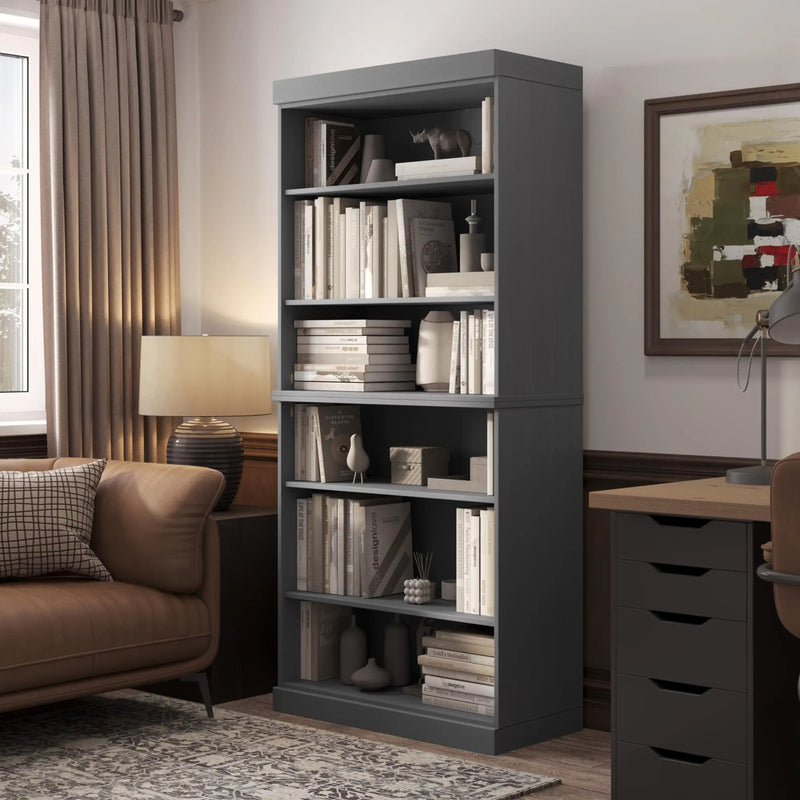 72" Gray Solid Wood Adjustable Six Tier Library Bookcase Homeroots Office