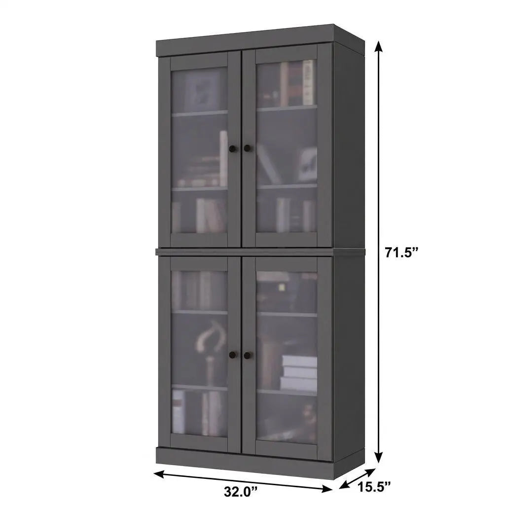 72" Gray Solid Wood Adjustable Six Tier Library Bookcase with Four Doors Homeroots Office