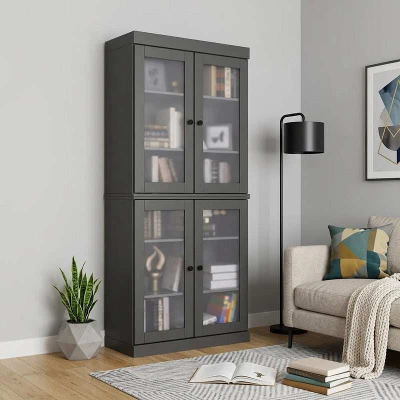 72" Gray Solid Wood Adjustable Six Tier Library Bookcase with Four Doors Homeroots Office