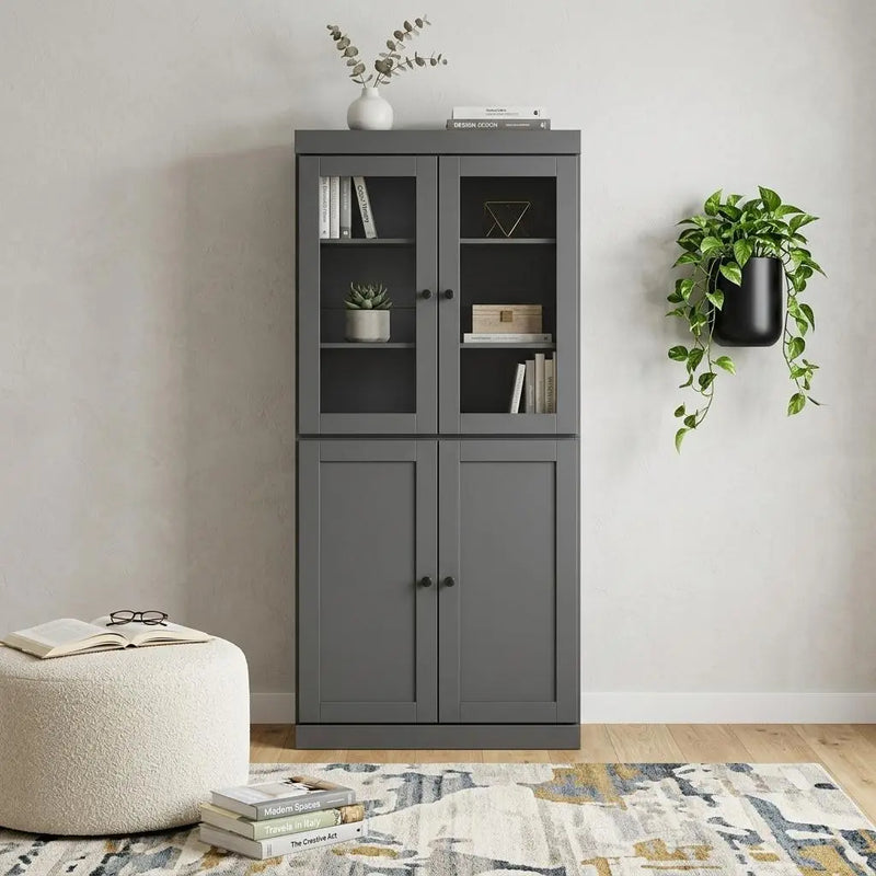72" Gray Solid Wood Adjustable Six Tier Library Bookcase with Four Doors Homeroots Office