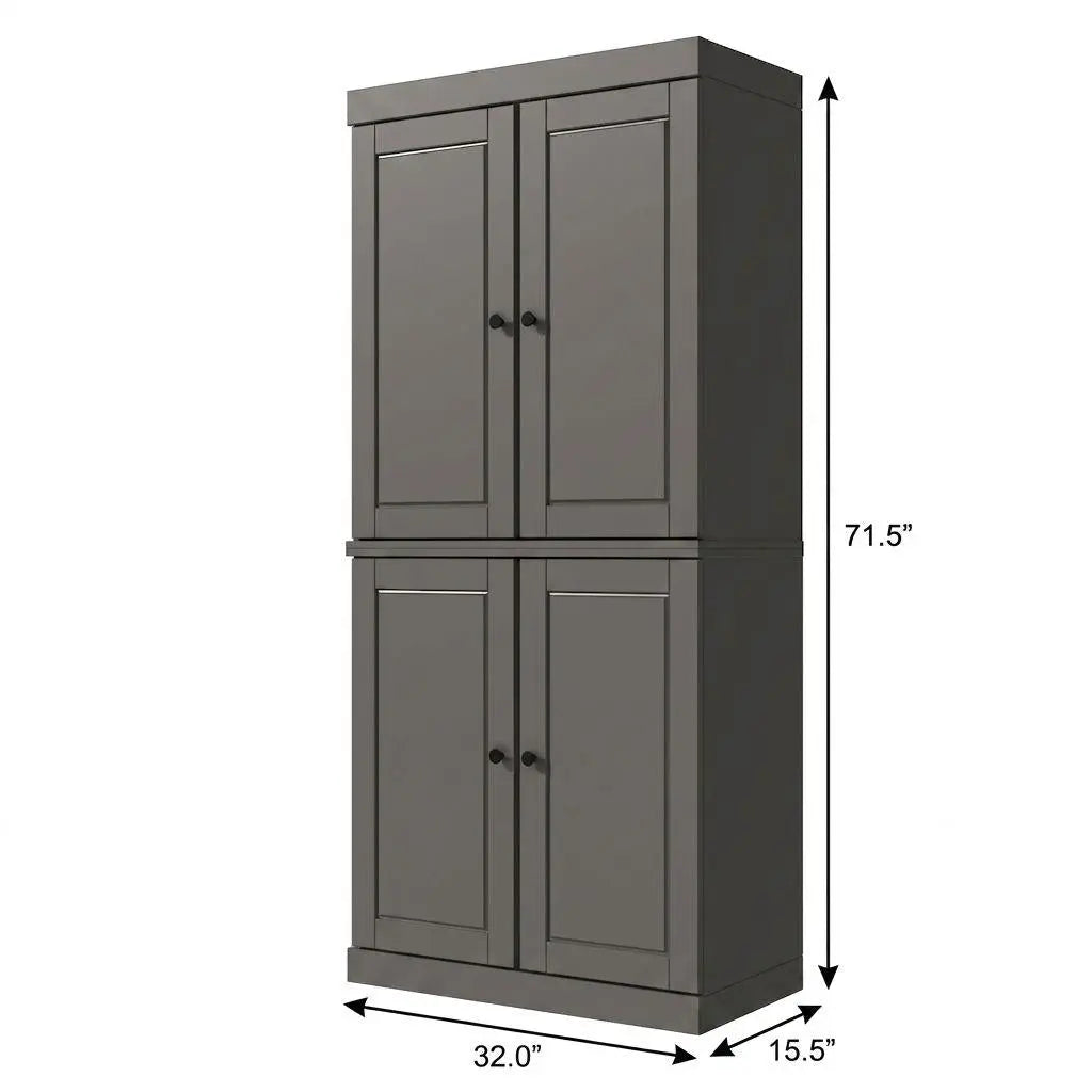 72" Gray Solid Wood Adjustable Six Tier Library Bookcase with Four Doors Homeroots Office