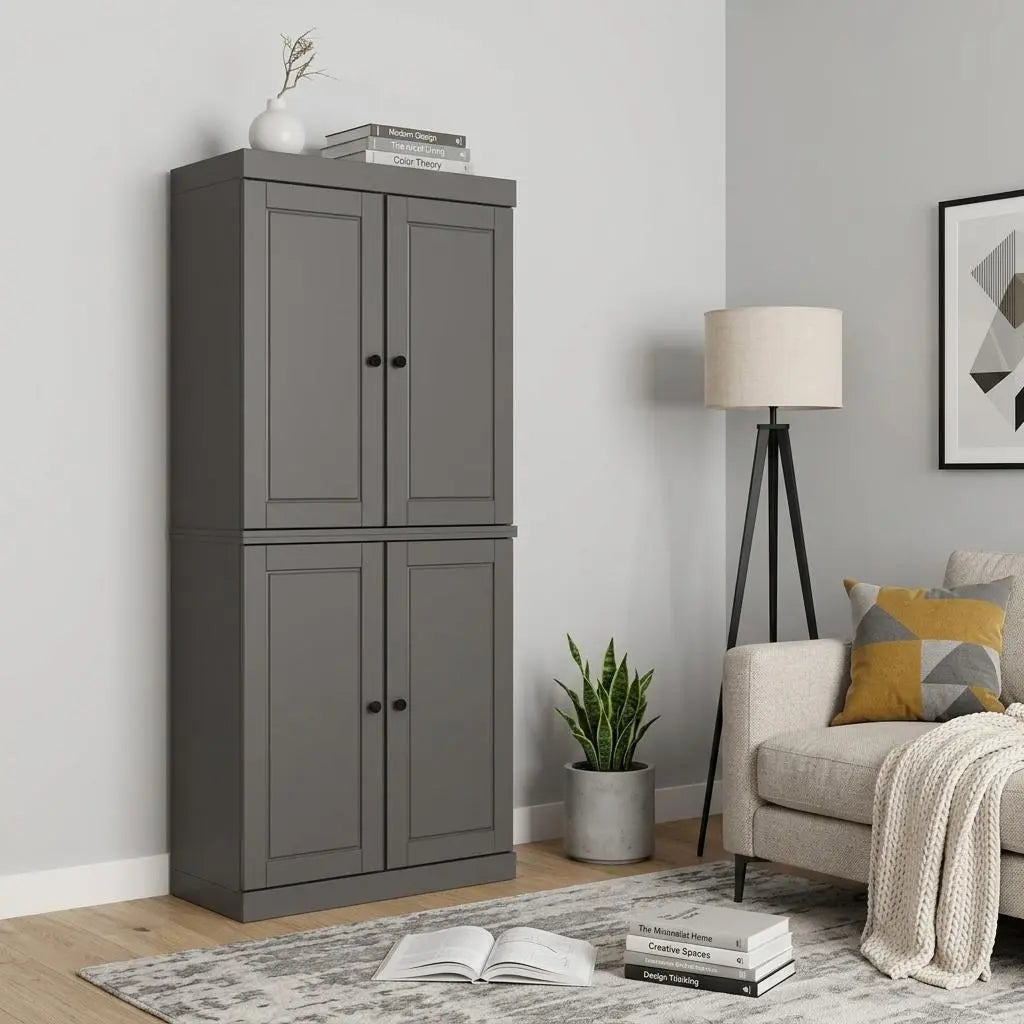 72" Gray Solid Wood Adjustable Six Tier Library Bookcase with Four Doors Homeroots Office