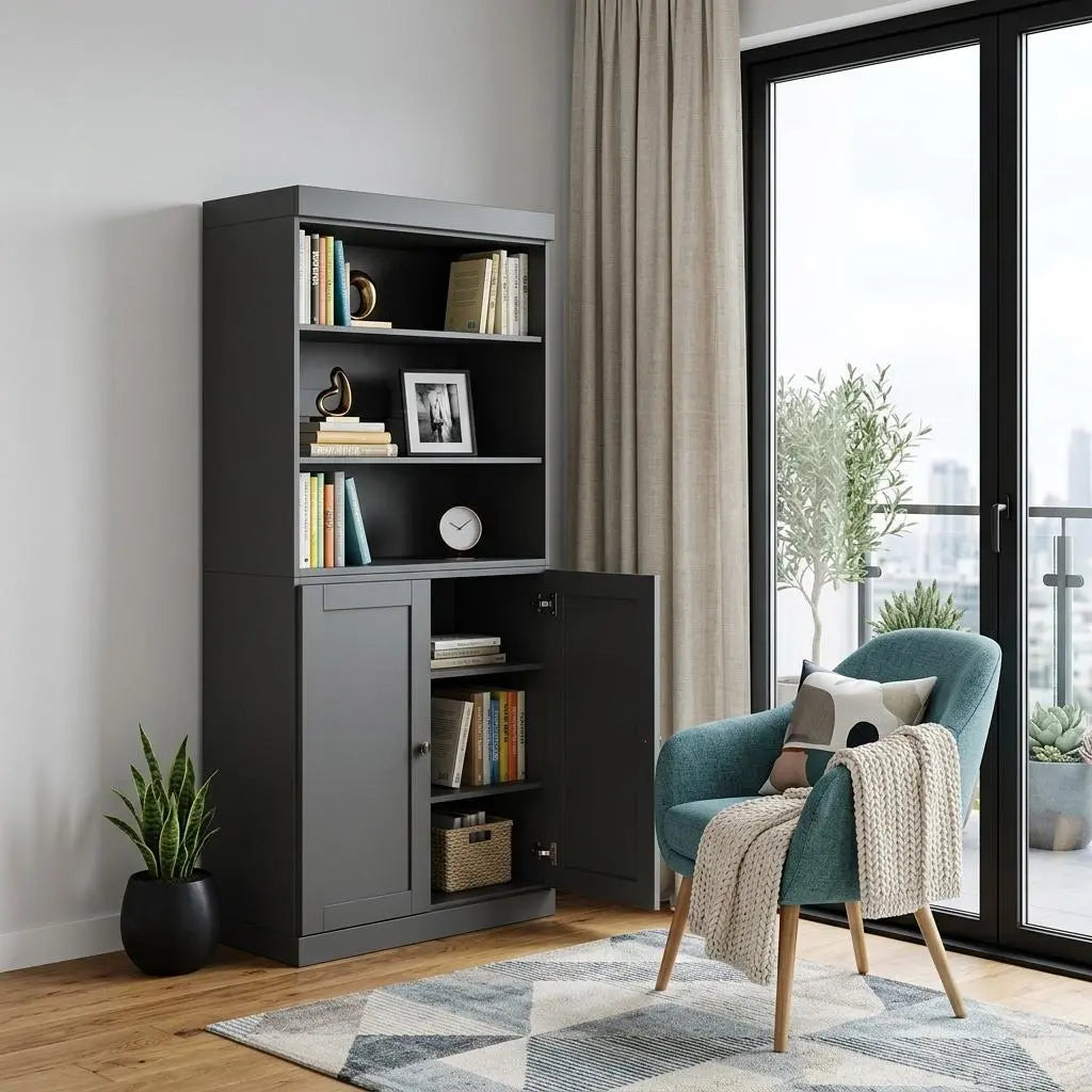 72" Gray Solid Wood Adjustable Six Tier Library Bookcase with Two Doors Homeroots Office