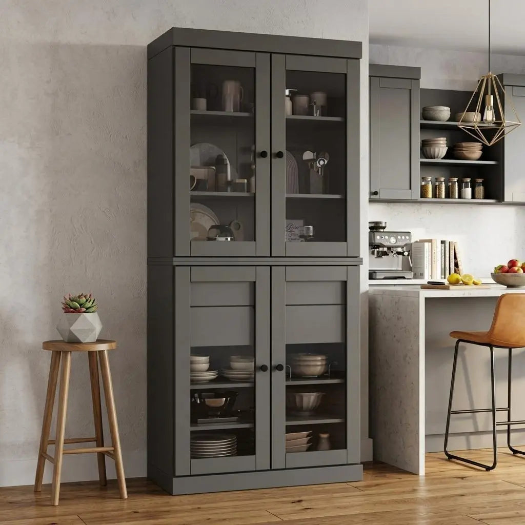 72" Gray Solid Wood Four Door Two Drawer Pantry Or Storage Closet Homeroots Kitchen & Dining