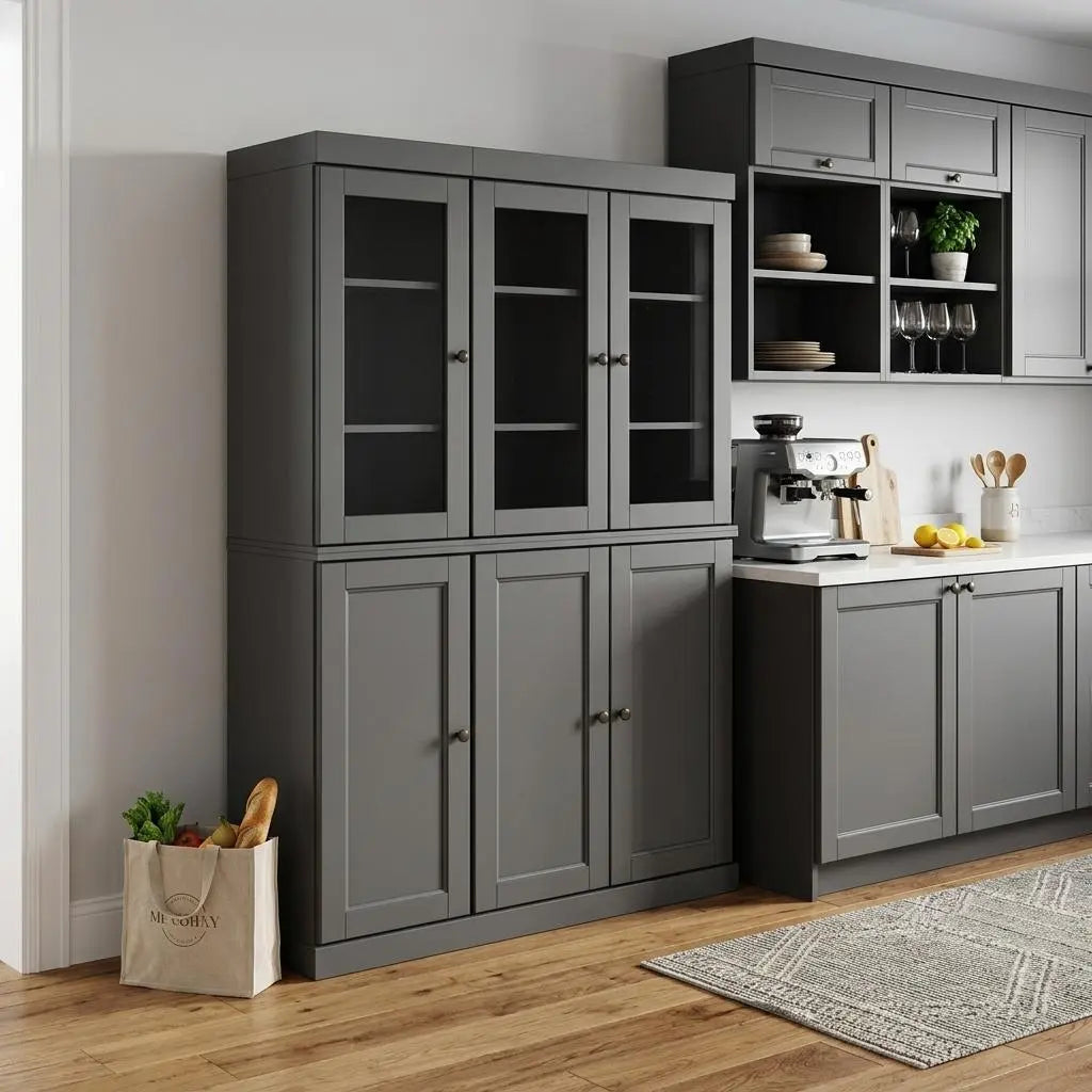 72" Gray Solid Wood Six Door Two Drawer Pantry Or Storage Closet Homeroots Kitchen & Dining
