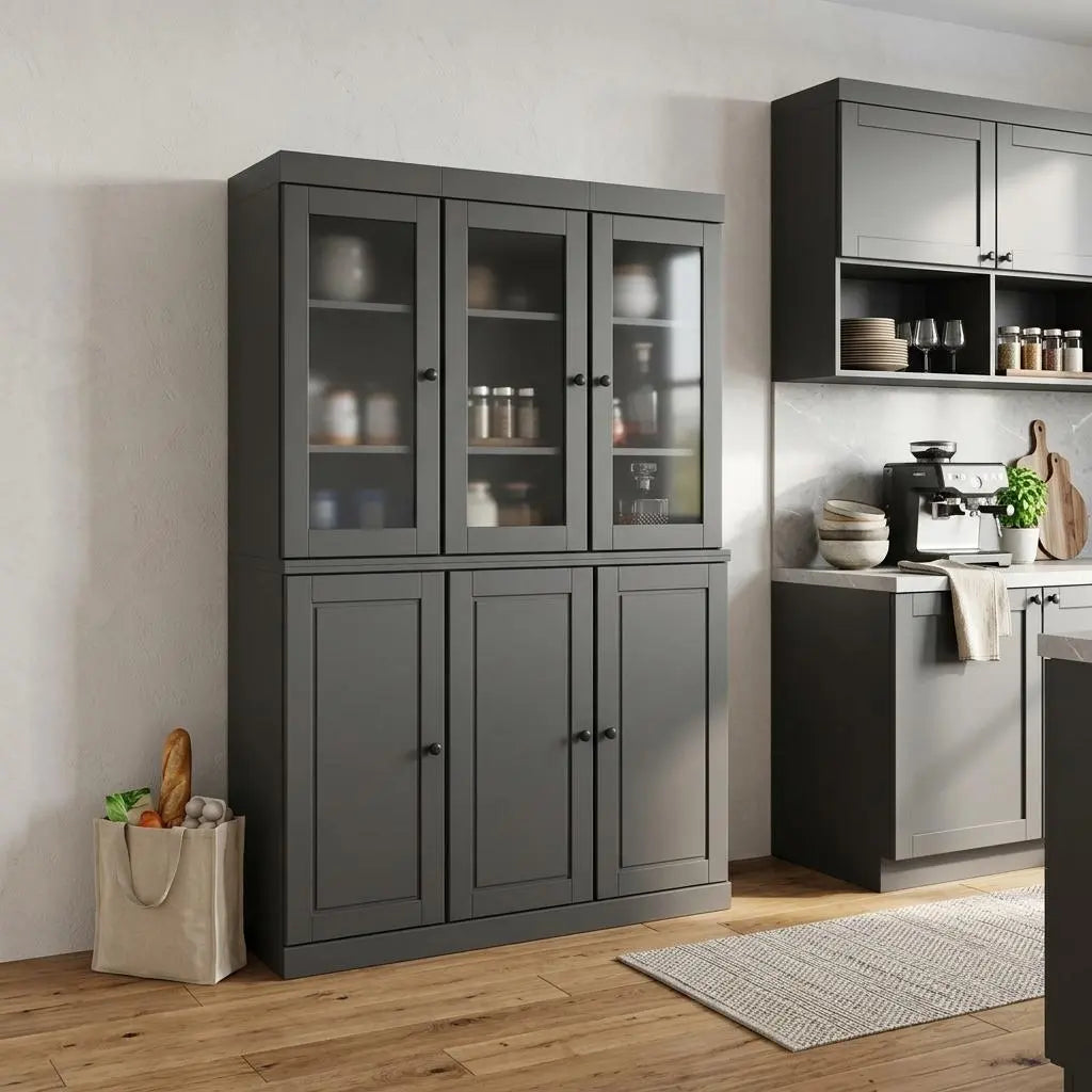 72" Gray Solid Wood Six Door Two Drawer Pantry Or Storage Closet Homeroots Kitchen & Dining