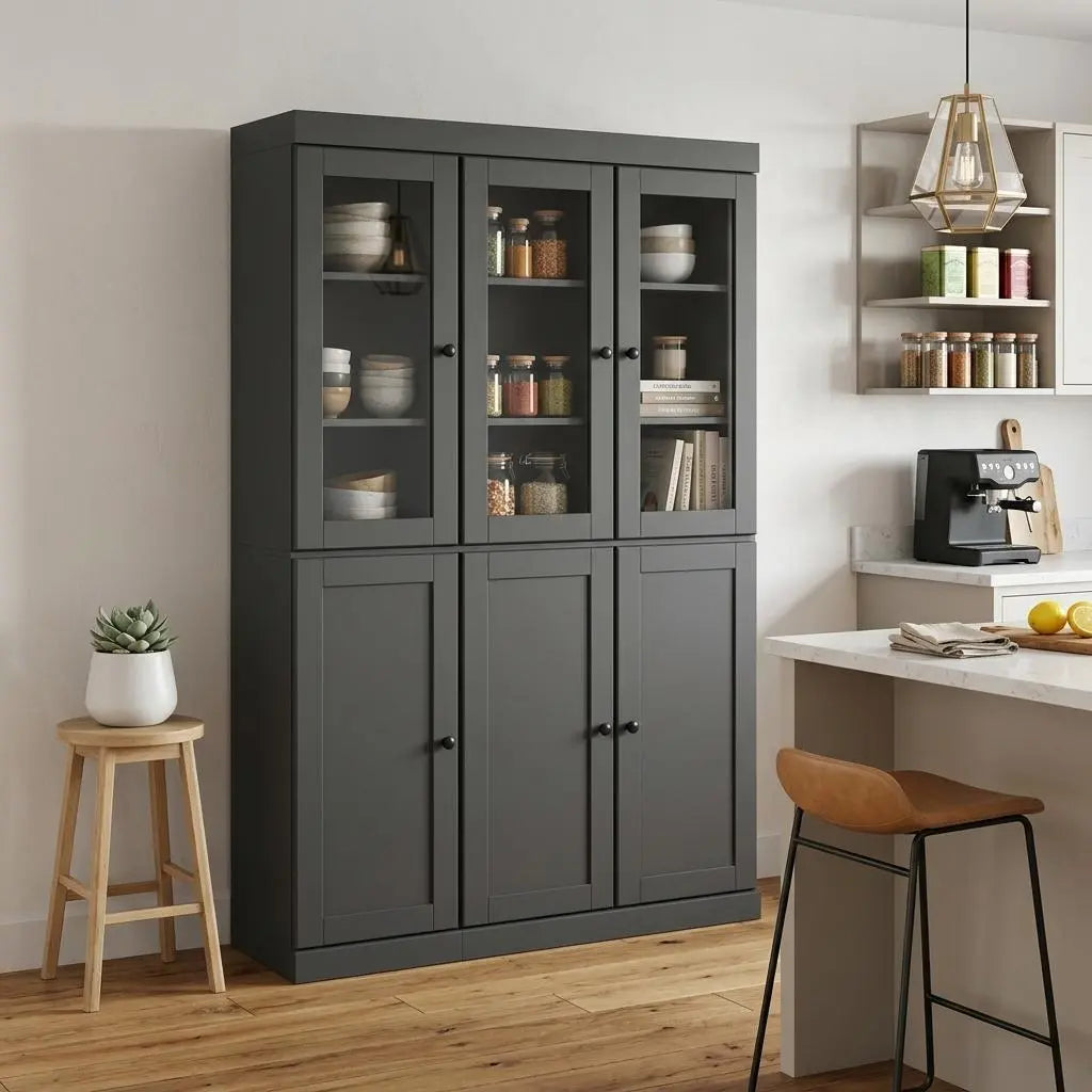 72" Gray Solid Wood Six Door Two Drawer Pantry Or Storage Closet Homeroots Kitchen & Dining