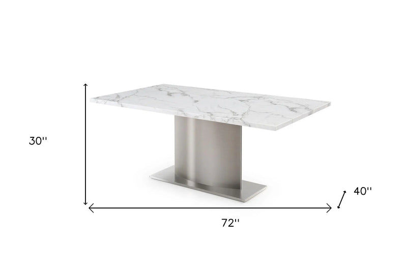 72" Gray White and Silver Marble and Stainless Steel Pedestal Base Dining Table Homeroots Kitchen & Dining