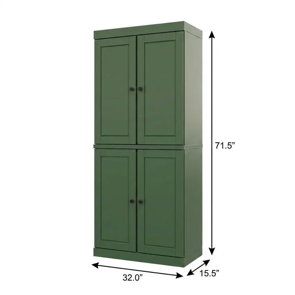 72" Green Solid Wood Adjustable Six Tier Library Bookcase with Four Doors Homeroots Office