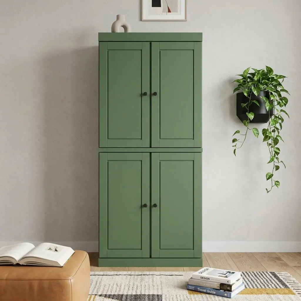 72" Green Solid Wood Adjustable Six Tier Library Bookcase with Four Doors Homeroots Office