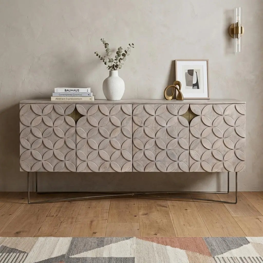 72" Light Brown Solid Wood Sideboard with Four Doors Homeroots Kitchen & Dining