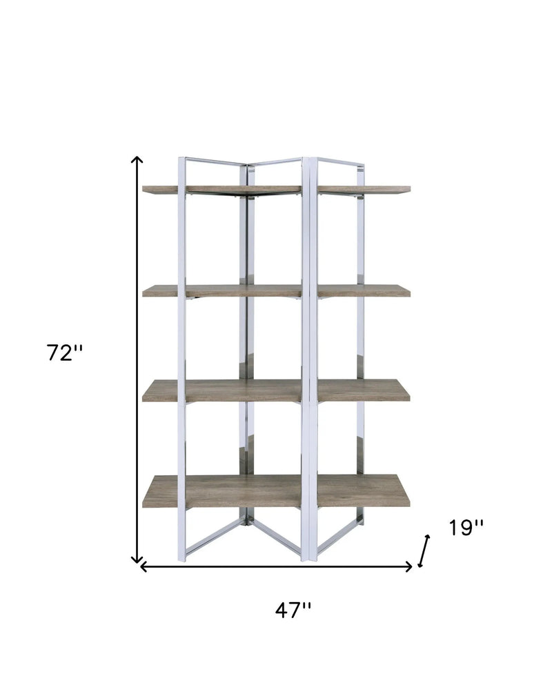72" Natural And Silver Metal and Wood Four Tier Etagere Bookcase Homeroots Office