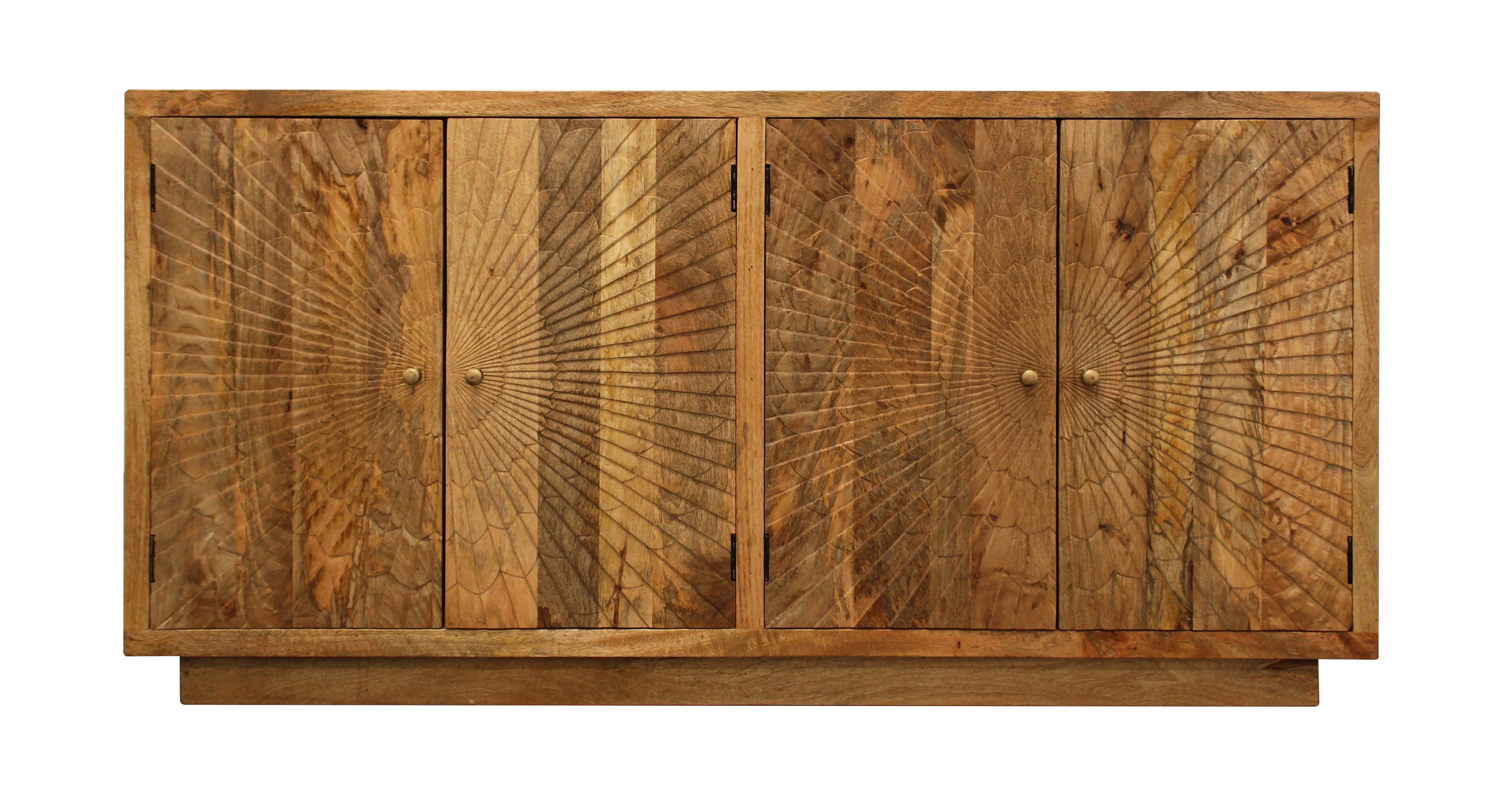 72" Natural Distressed Solid Wood Carved Geometric Sideboard with Four Doors Homeroots Kitchen & Dining