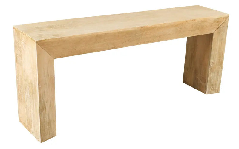 Natural wood console table with a minimalist design, featuring a light tan finish and sturdy rectangular legs.