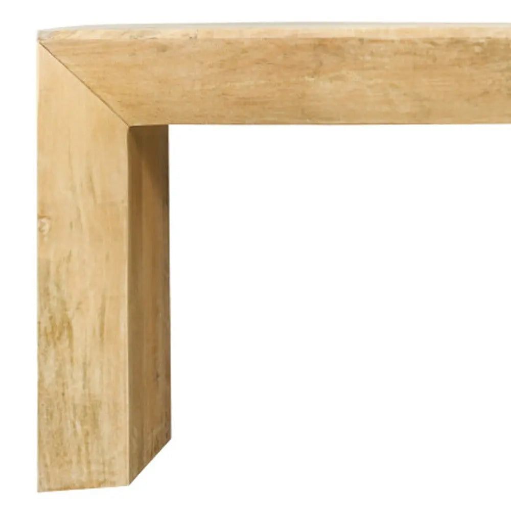 Natural wood console table corner in light beige, showcasing a minimalist design with clean lines and a rustic finish.