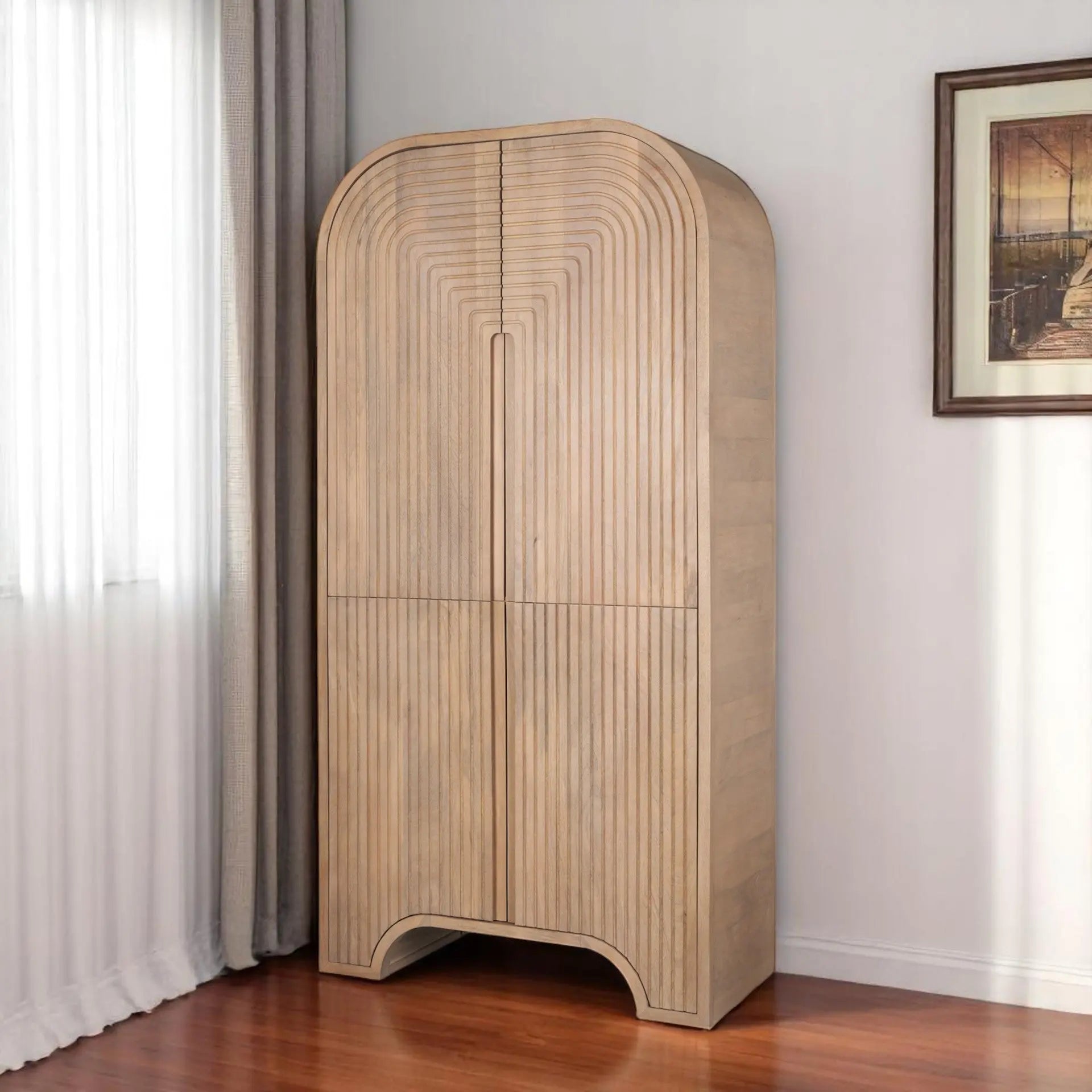 72" Natural Solid Wood Textured Door Arched Cabinet With Four Doors Homeroots Kitchen & Dining