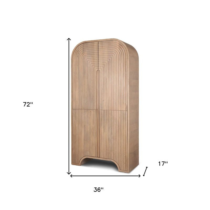 72" Natural Solid Wood Textured Door Arched Cabinet With Four Doors Homeroots Kitchen & Dining