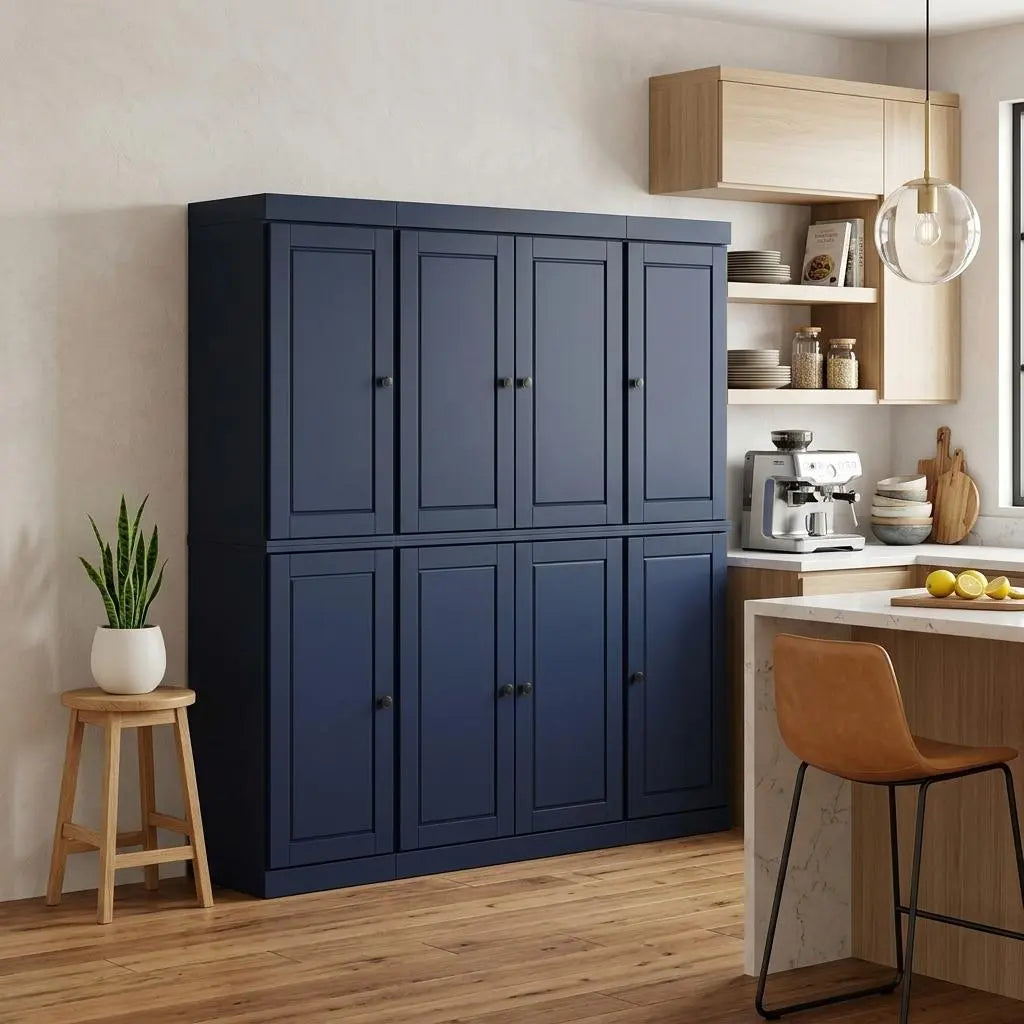72" Navy Blue Solid Wood 8 Pantry Or Storage Closet Homeroots Kitchen & Dining