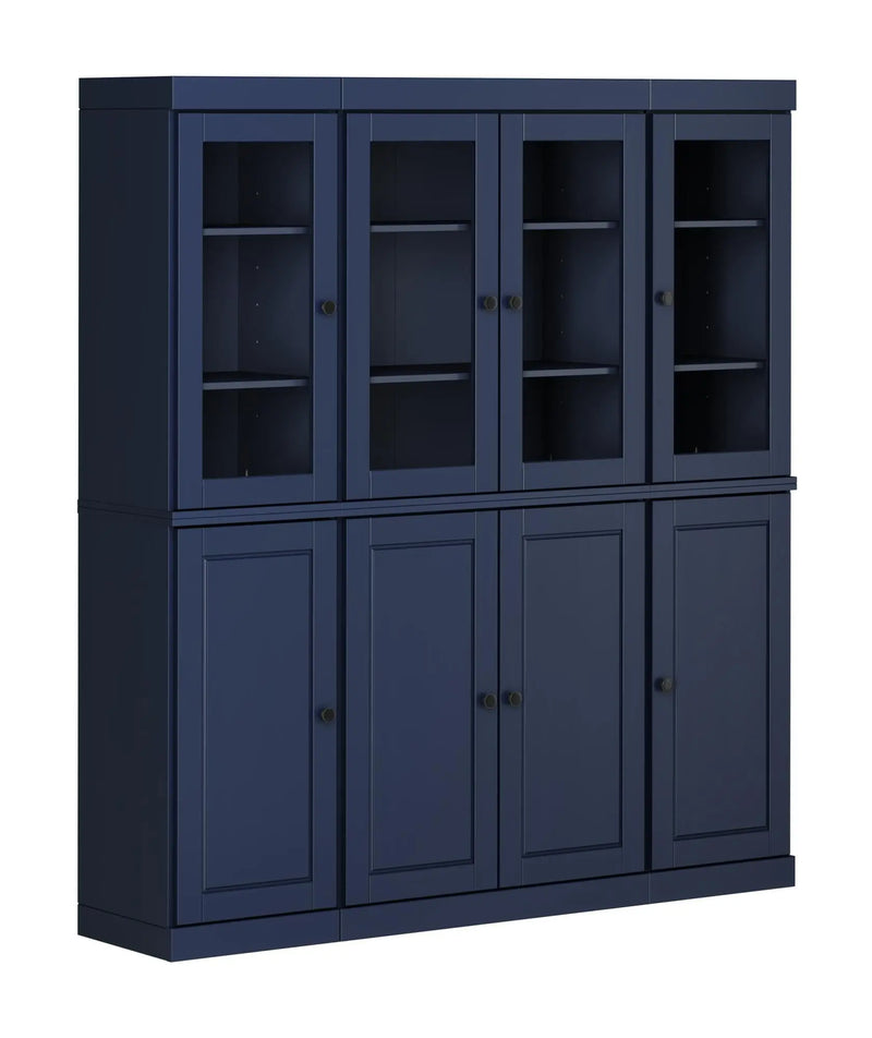 Navy blue wooden cabinet with four glass-door shelves and three solid-door compartments, perfect for modern storage solutions.