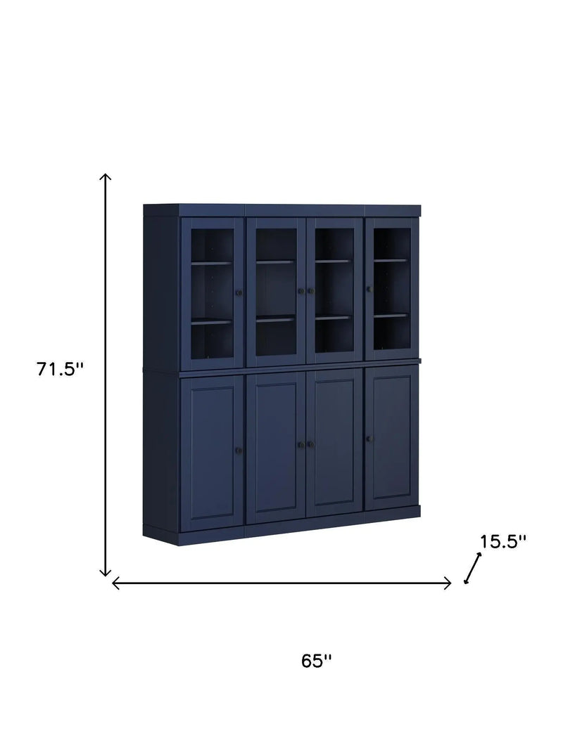 Navy blue wooden cabinet with glass doors, six shelves, and four lower cabinets, measuring 71.5" x 65" x 15.5".
