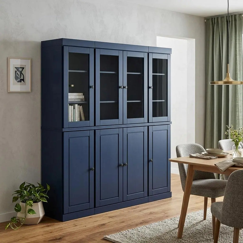 Navy blue wooden cabinet with glass doors, five shelves, and two lower cabinets, perfect for dining room storage.