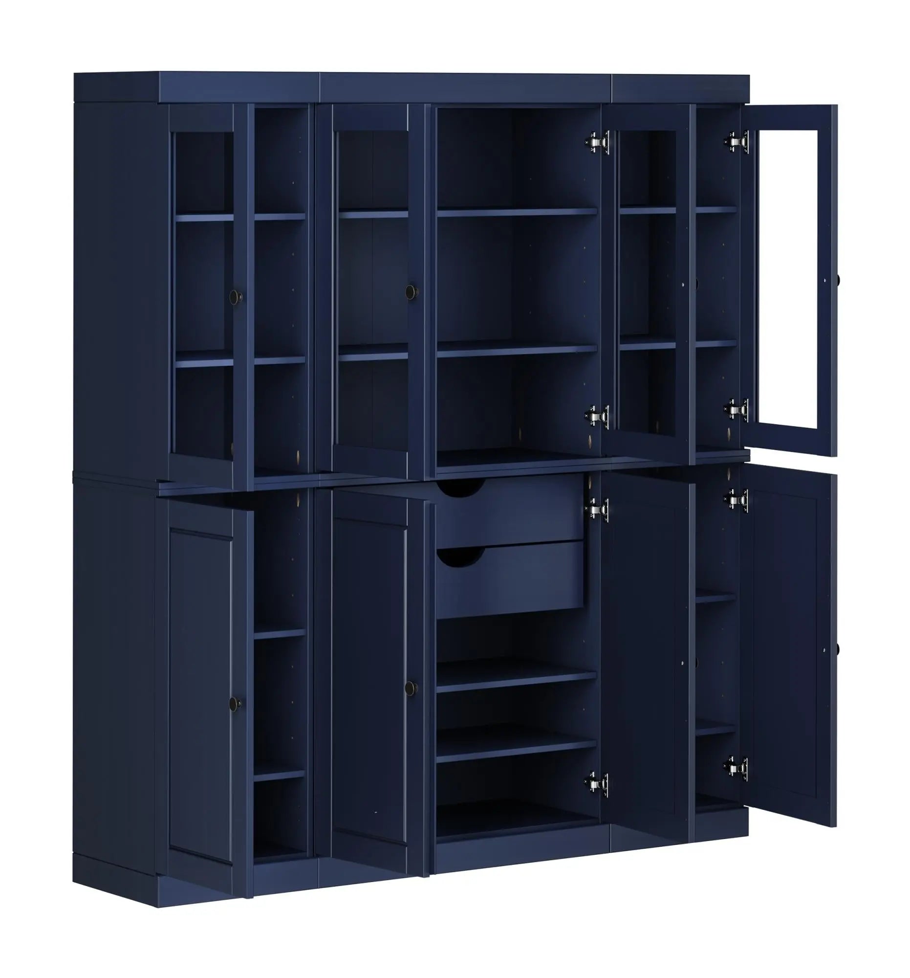 Navy blue storage cabinet with multiple shelves, drawers, and doors, ideal for organized home or office use.