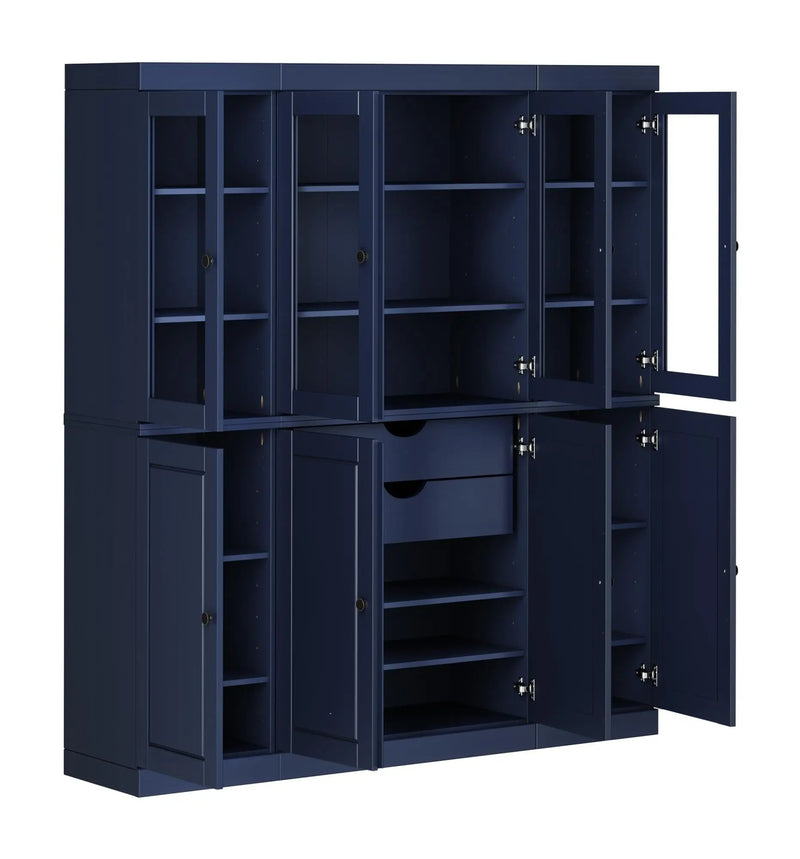 Navy blue storage cabinet with multiple shelves, drawers, and doors, ideal for organized home or office use.