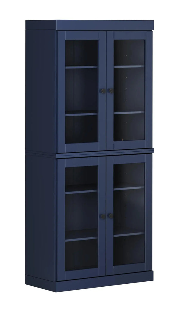 72" Navy Blue Solid Wood Adjustable Six Tier Library Bookcase with Four Doors Homeroots Office