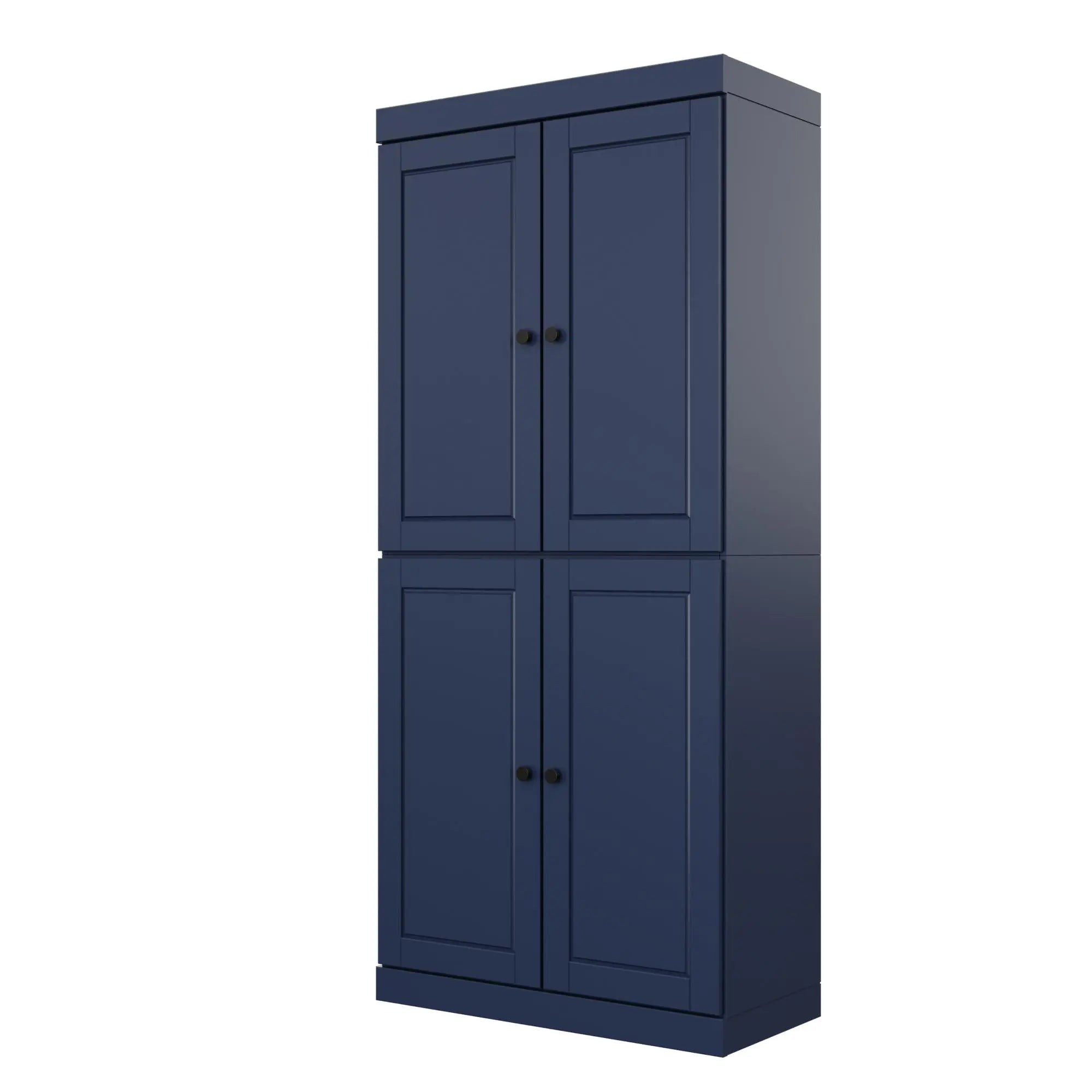 72" Navy Blue Solid Wood Adjustable Six Tier Library Bookcase with Four Doors Homeroots Office