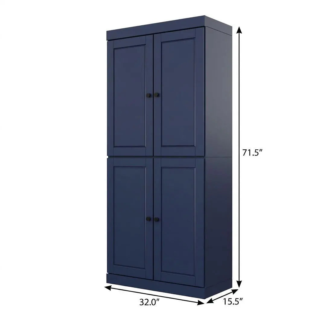 Navy blue wooden cabinet with four doors, modern design, 71.5" tall, perfect for storage and organization.
