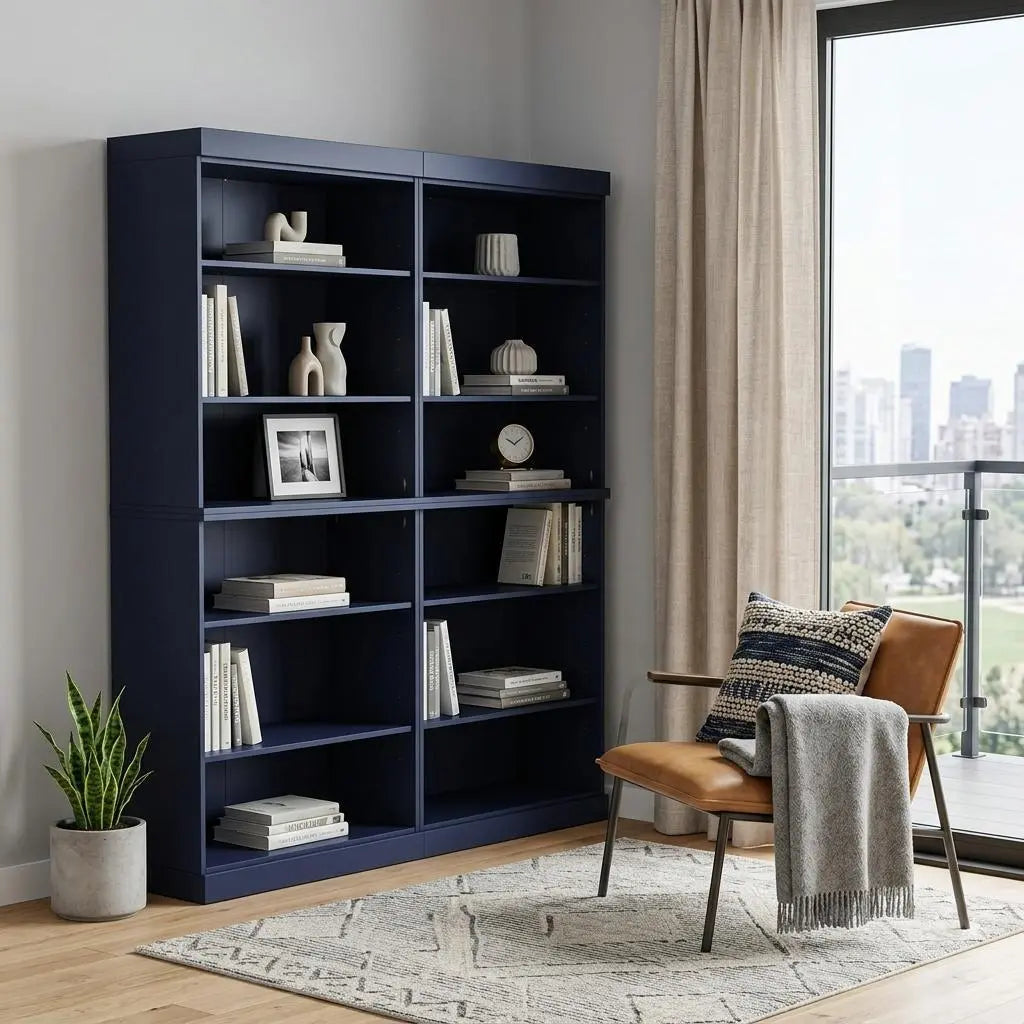 72" Navy Blue Solid Wood Adjustable Twelve Tier Library Bookcase Homeroots Office