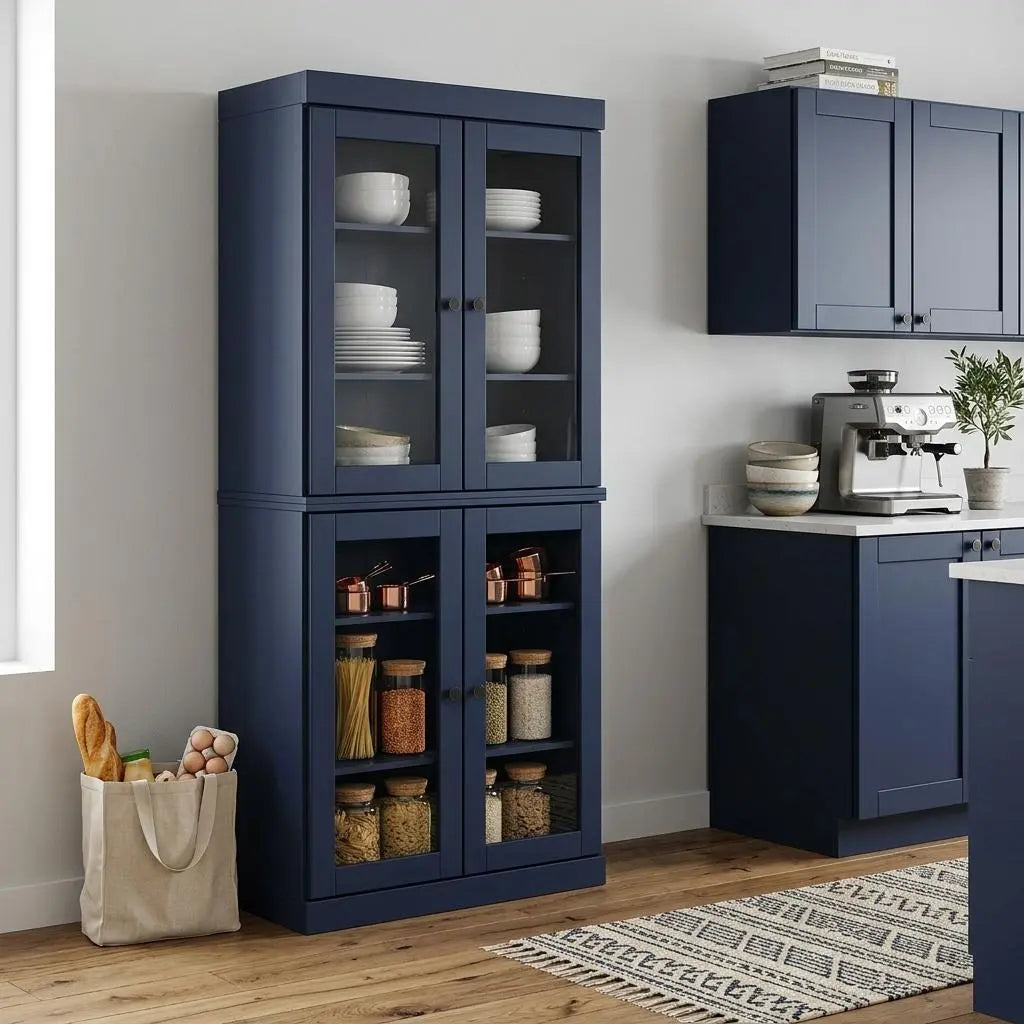 72" Navy Blue Solid Wood Four Door Pantry Or Storage Closet Homeroots Kitchen & Dining