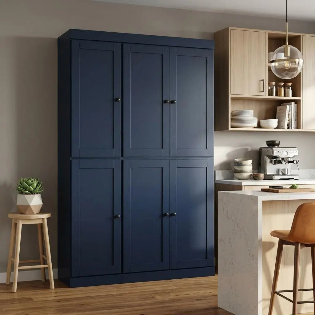 72" Navy Blue Solid Wood Six Door Two Drawer Pantry Or Storage Closet Homeroots Kitchen & Dining